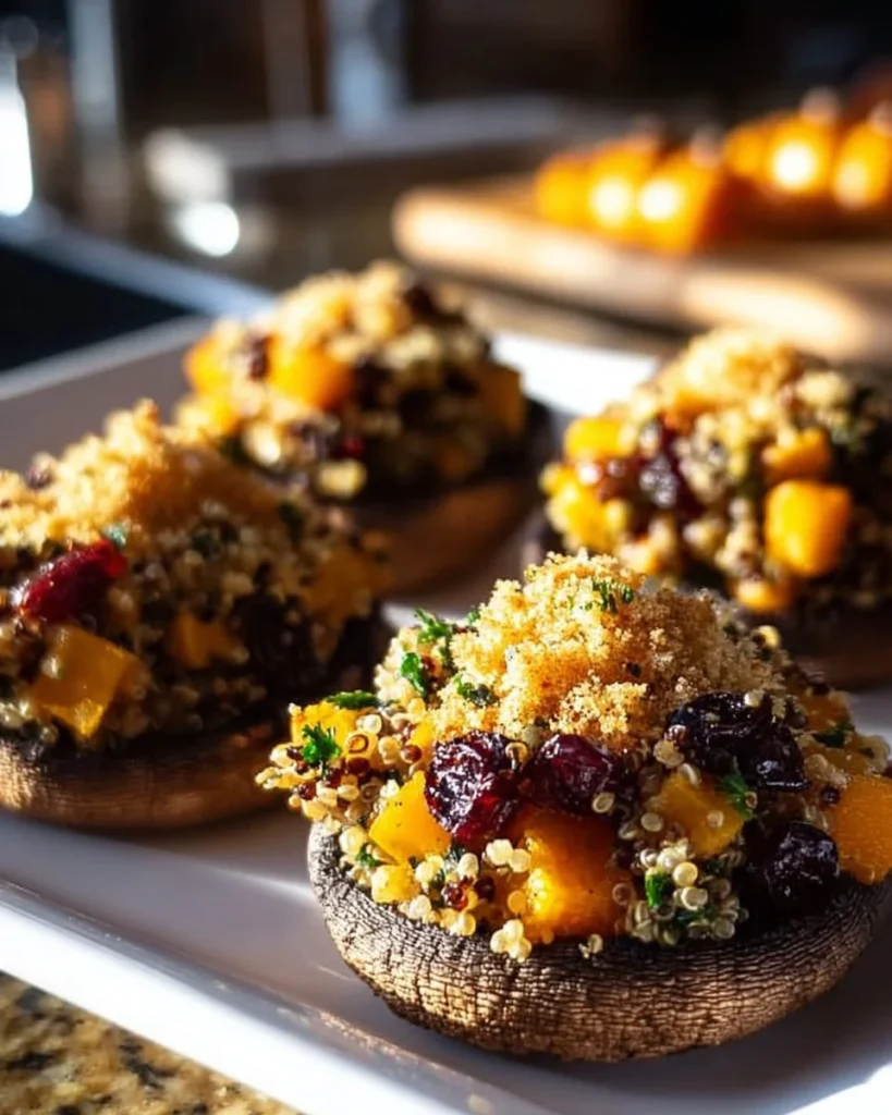 Delicious autumn harvest stuffed portobello mushrooms with seasonal ingredients