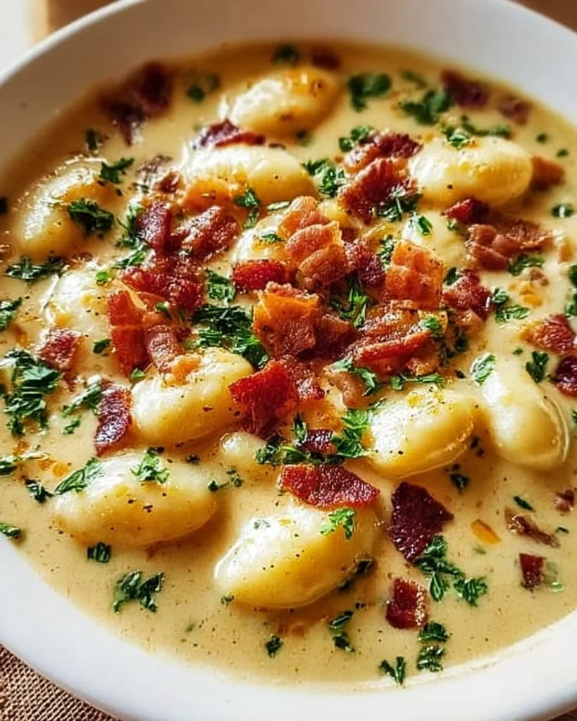 Bowl of Bacon Cheddar Gnocchi Soup garnished with crispy bacon and herbs