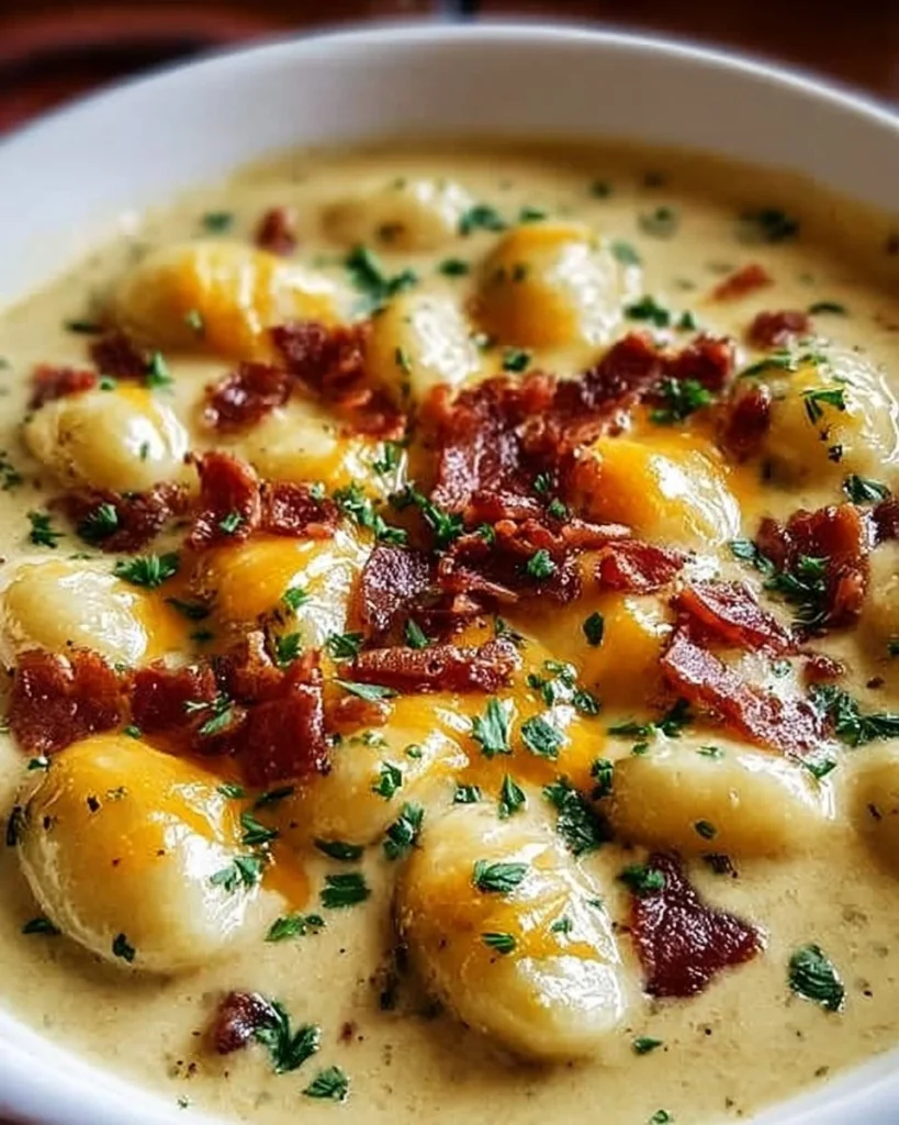 Bacon Cheddar Gnocchi Soup garnished with herbs in a bowl