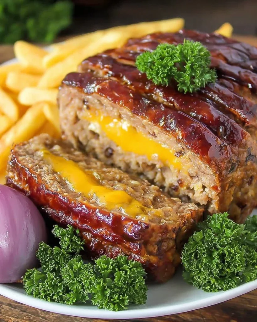 Delicious Bacon Cheese Meatloaf served with mashed potatoes and green beans