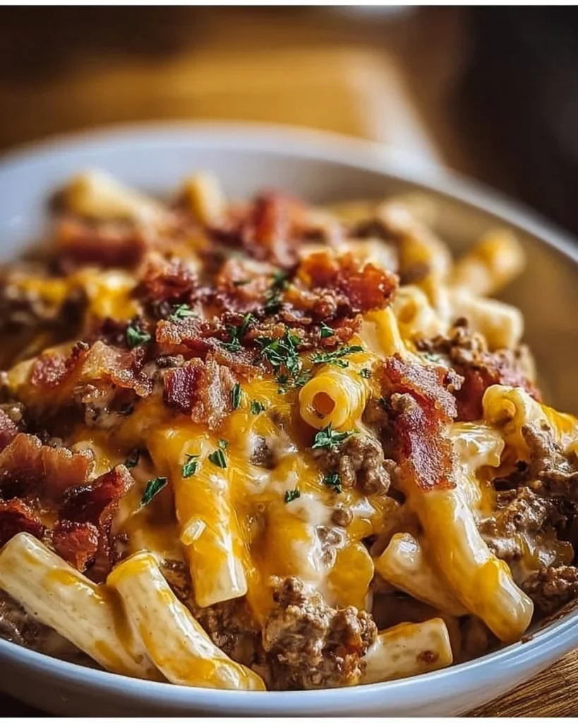Bacon cheeseburger pasta in a creamy sauce topped with cheese and crispy bacon
