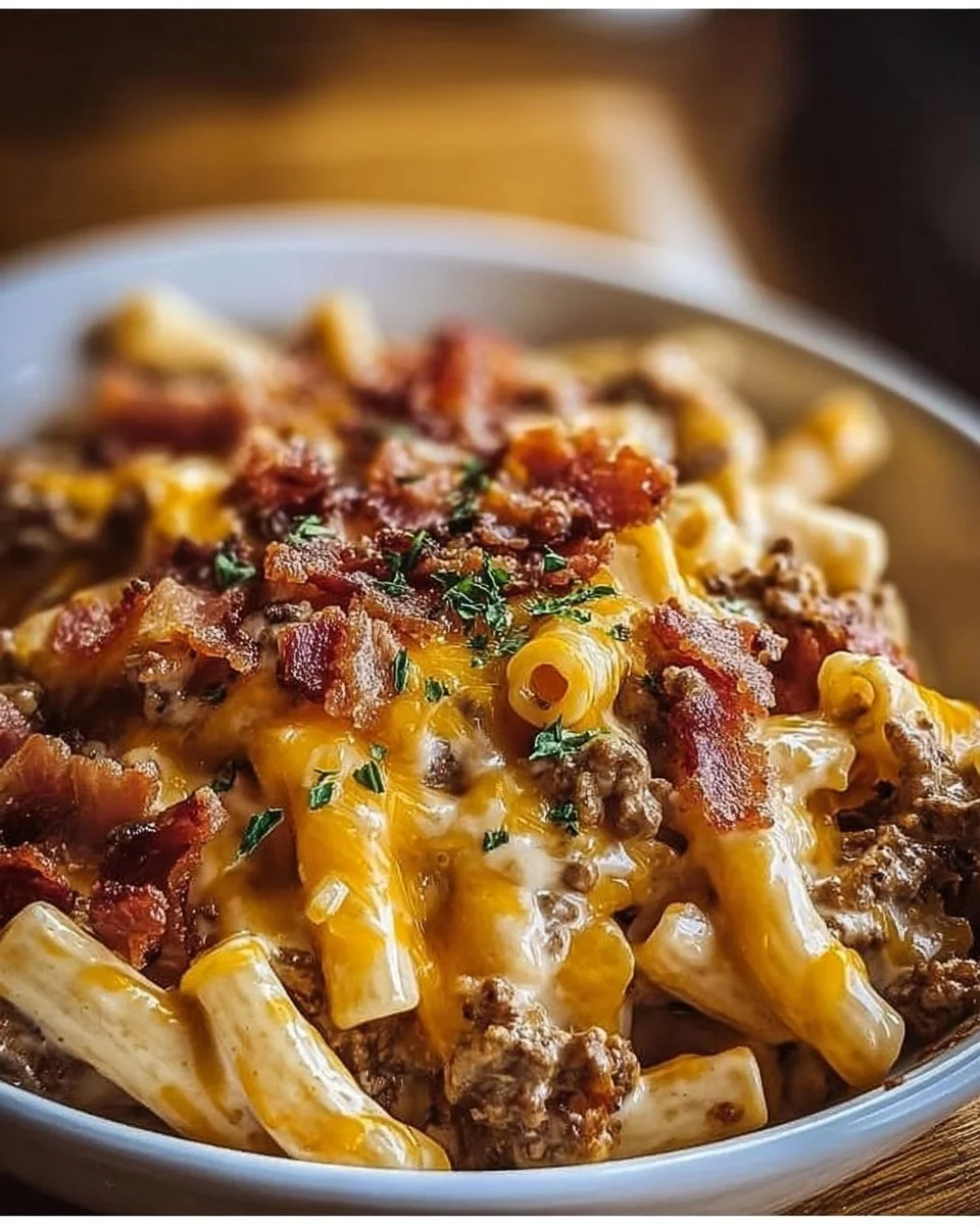 Bacon cheeseburger pasta in a creamy sauce topped with cheese and crispy bacon
