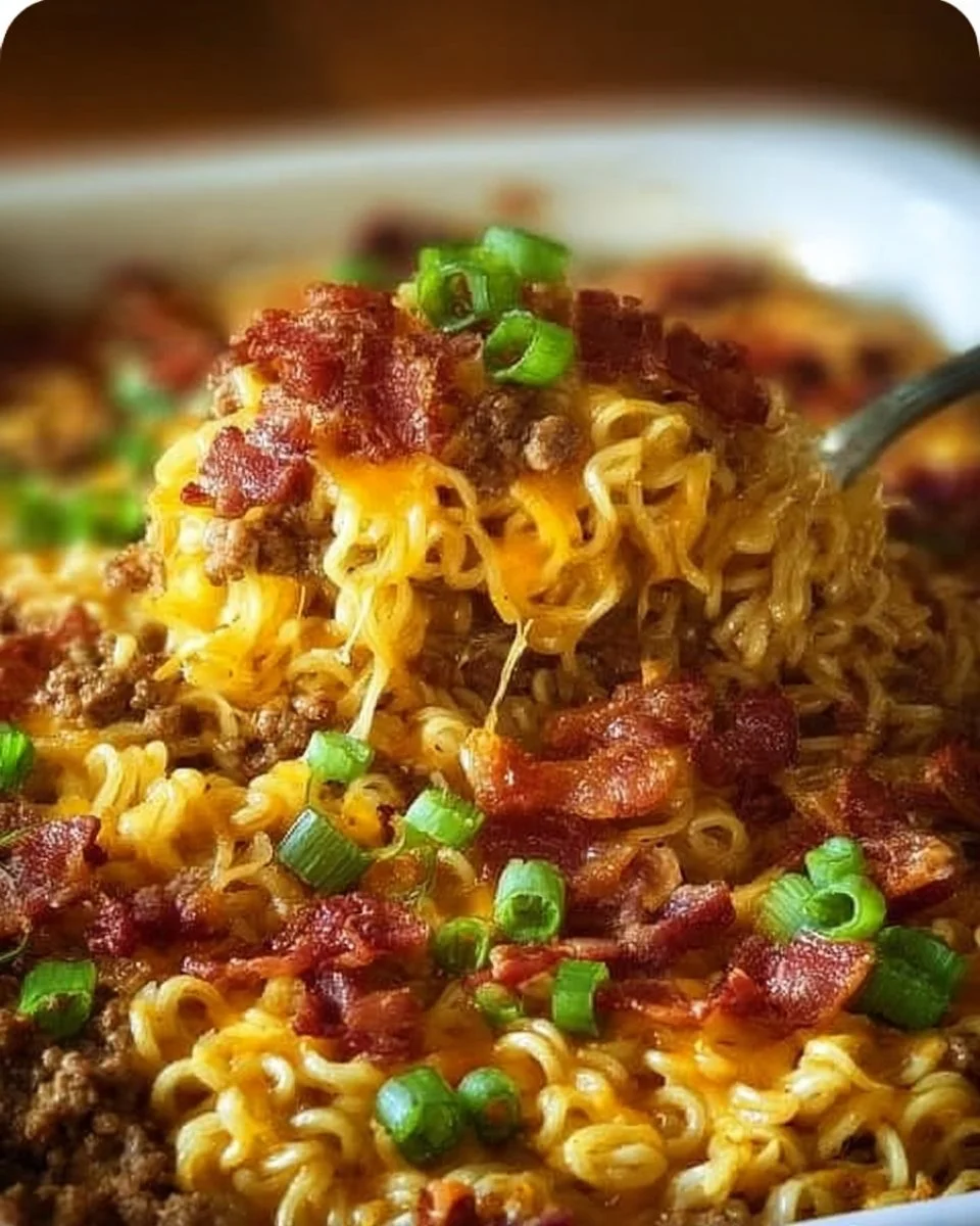 Bacon Cheeseburger Ramen Noodle Bake topped with crispy bacon and melted cheese