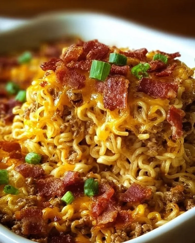 Delicious Bacon Cheeseburger Ramen Noodle Bake in a serving dish