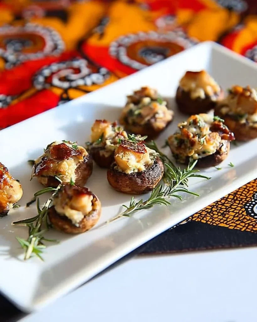 Bacon rosemary stuffed mushrooms appetizer on a serving platter.