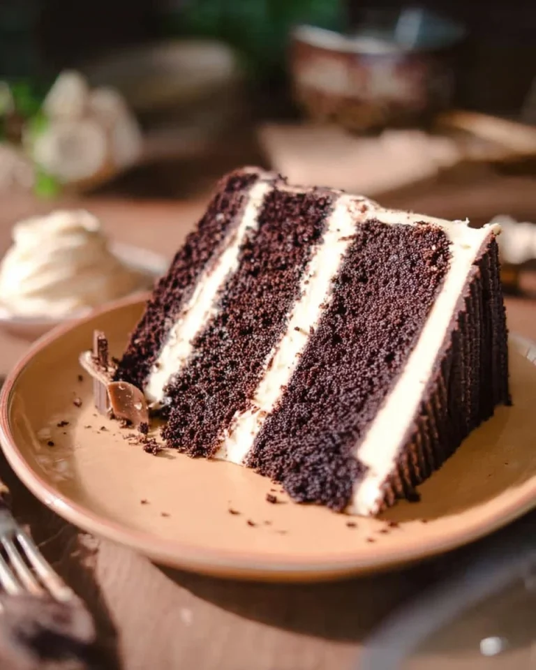 Slice of rich Baileys Chocolate Cake with chocolate ganache topping