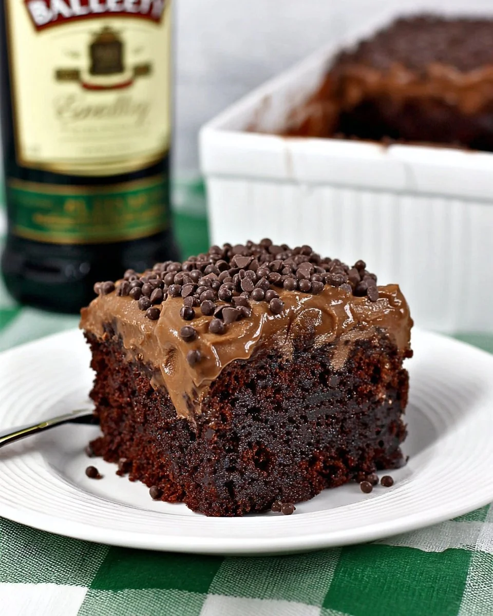 Delicious Baileys Irish Cream Chocolate Cake with chocolate frosting