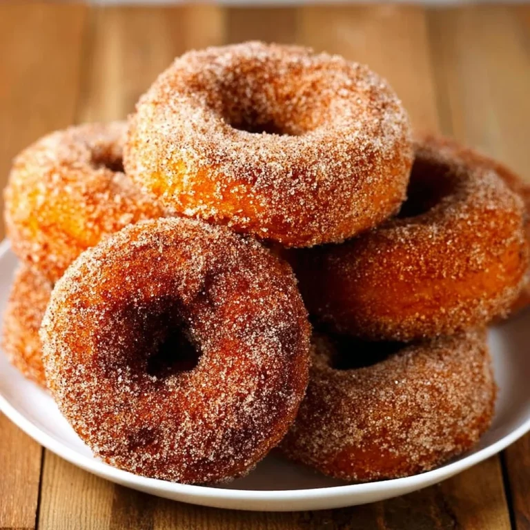 Delicious baked apple cider donuts topped with cinnamon sugar and served on a platter.