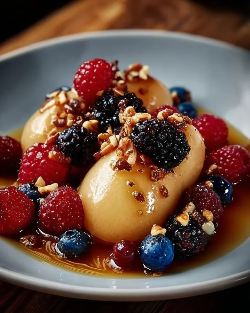 Delicious baked pears topped with fresh berries for a healthy dessert option