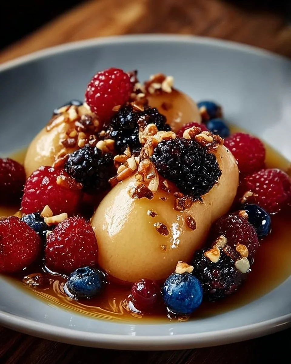 Delicious baked pears topped with fresh berries for a healthy dessert option