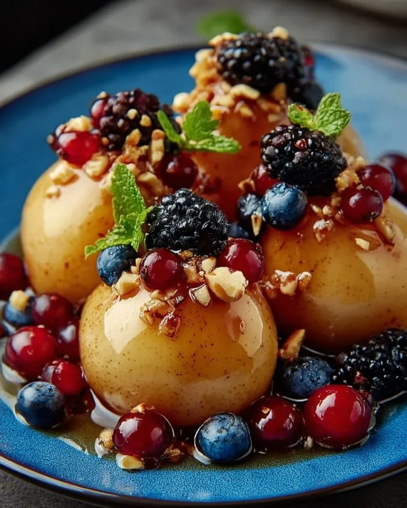Baked pears topped with fresh berries in a cozy dish.