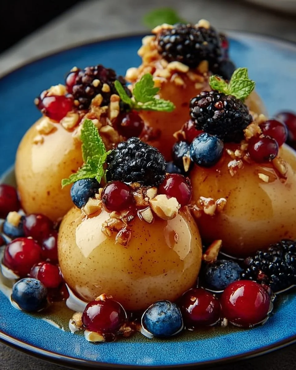 Baked pears topped with fresh berries in a cozy dish.