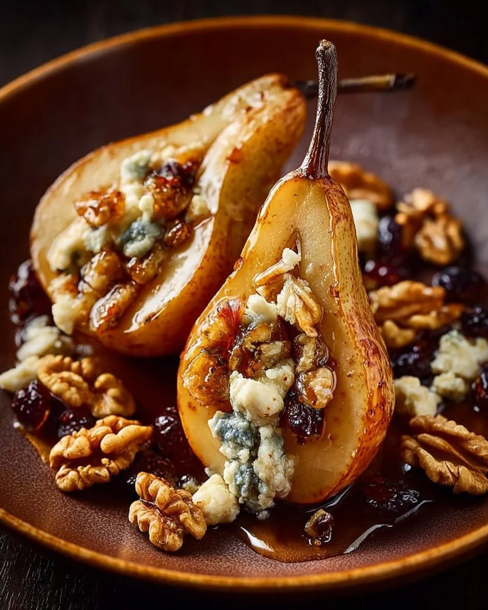 Baked pears topped with honeyed figs, walnuts, and blue cheese crumble
