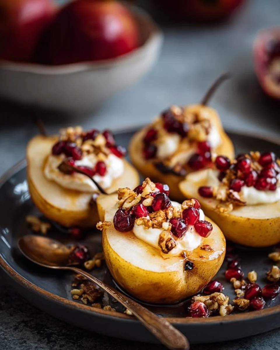 Delicious baked pears with whipped ricotta, hazelnut, and cranberry crunch topping.