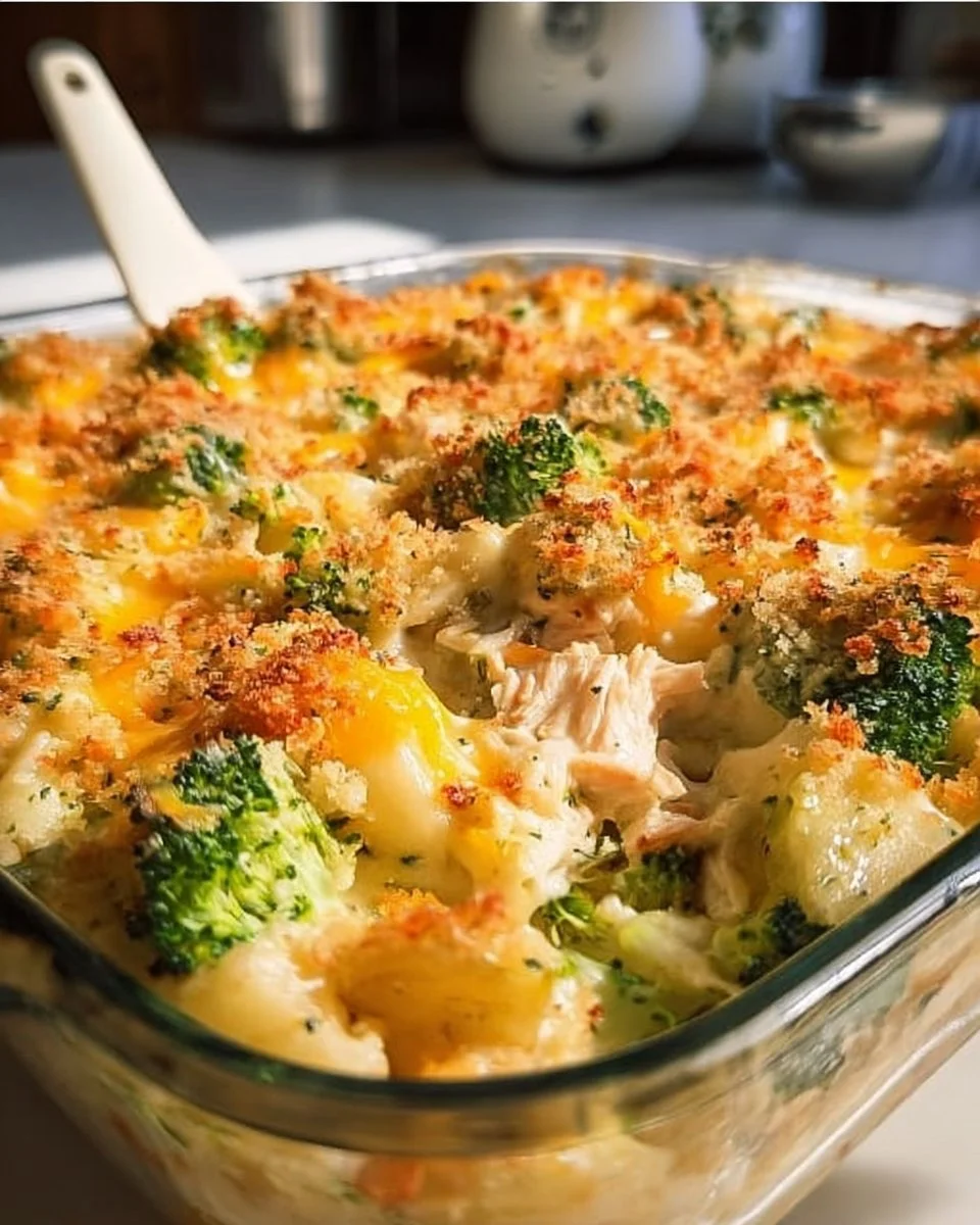 Baked Potato Casserole with chicken and broccoli served in a dish