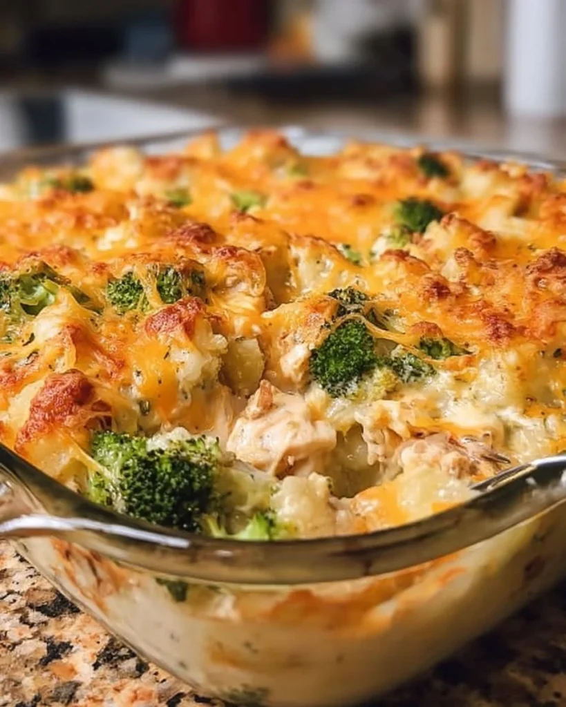 Baked Potato Chicken and Broccoli Casserole served in a bowl