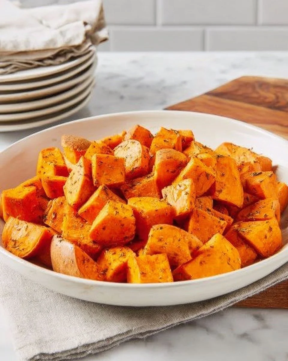 Baked sweet potatoes with herbs and spices on a plate