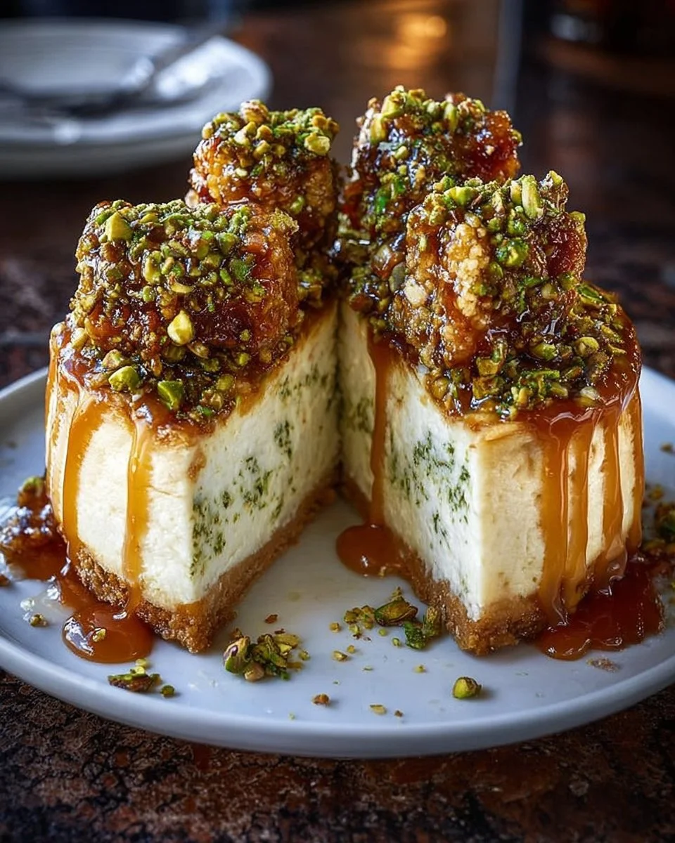 Baklava Pistachio Cheesecake Supreme dessert with layers of cheesecake and baklava
