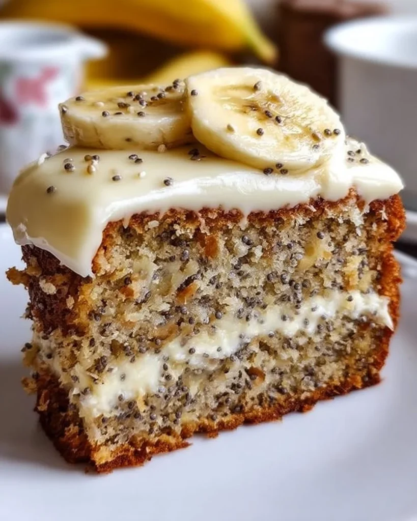 Slice of banana bread cake with cream cheese frosting on a wooden table