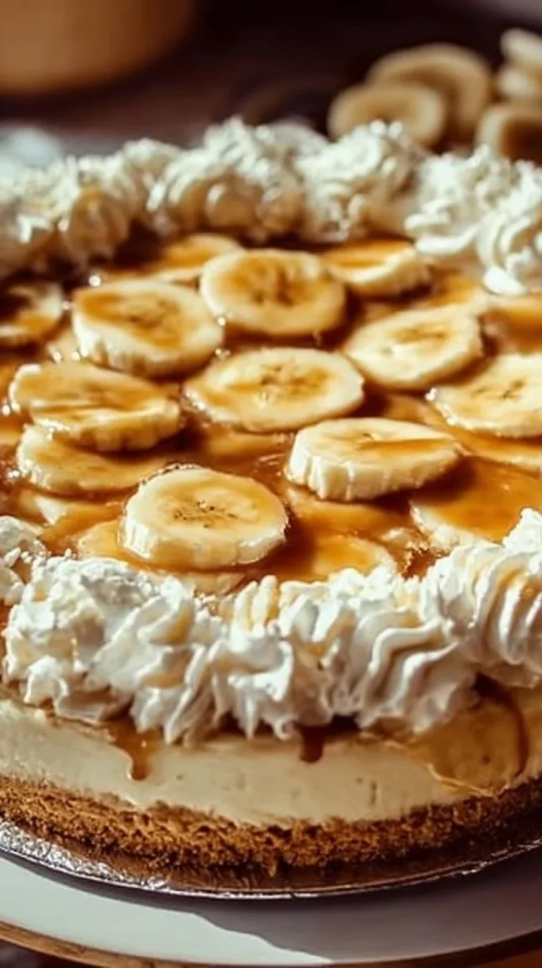 Delicious banana pudding cheesecake topped with slices of banana and vanilla wafers.