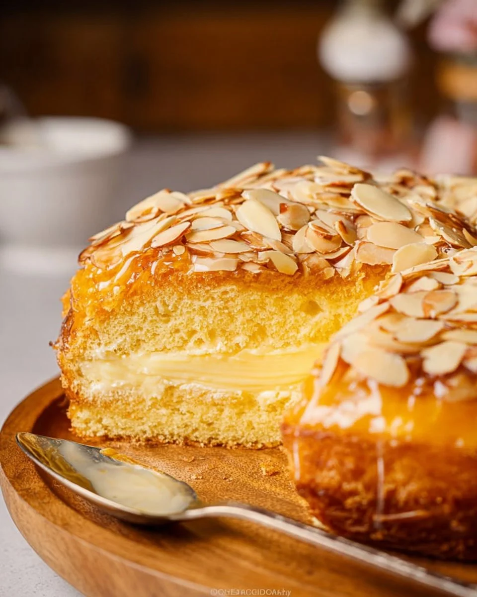 Bee Sting Cake with honey, cream, and almond topping
