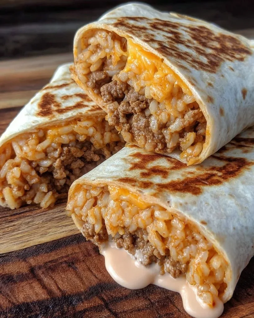 Delicious beef and rice burrito with fresh ingredients