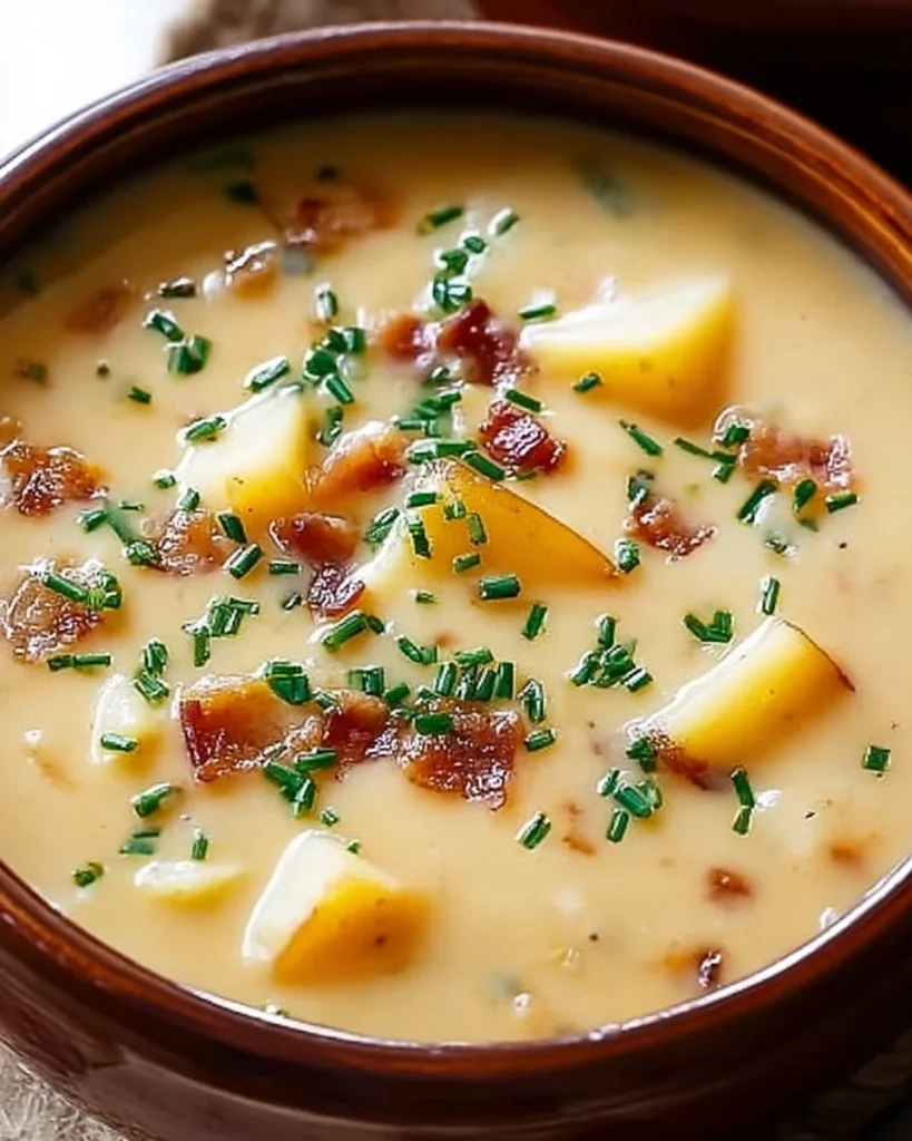 Bowl of best homemade potato soup topped with fresh herbs.