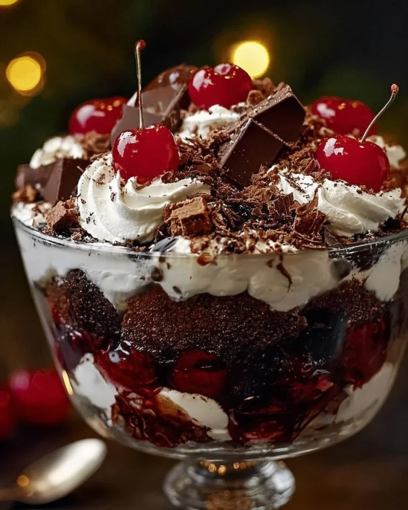 Delicious Black Forest Trifle with layers of chocolate, cherries, and cream