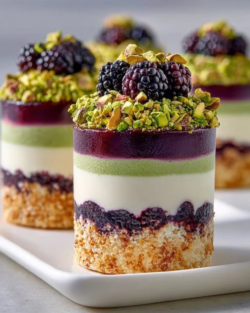 Blackberry Pistachio Cheesecake Towers with Nut Crumble