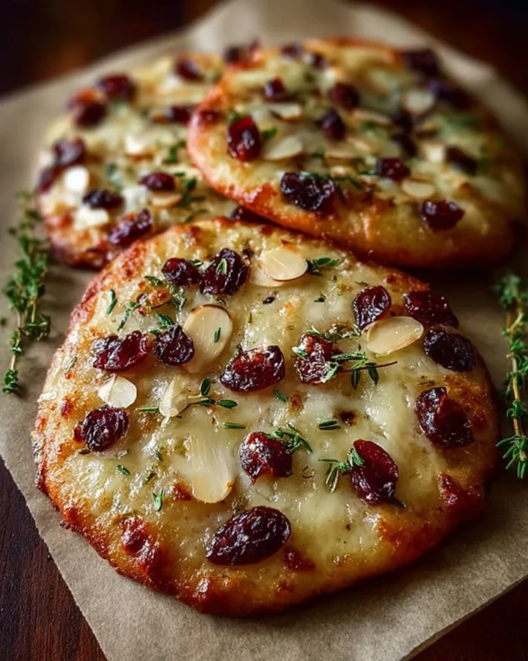 Brie and cranberry flatbreads topped with almond crunch, served on a platter.