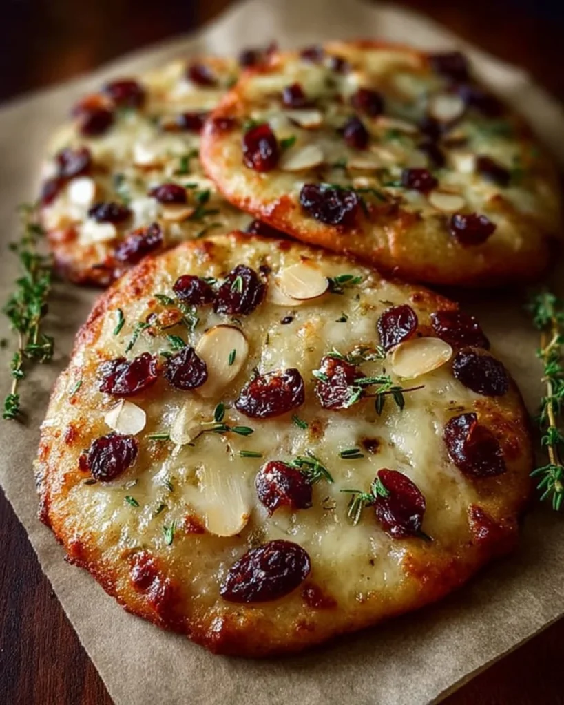 Brie and cranberry flatbreads topped with almond crunch, served on a platter.