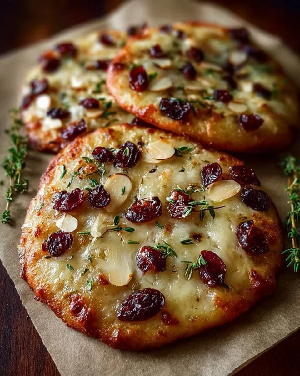 Brie and cranberry flatbreads topped with almond crunch, served on a platter.