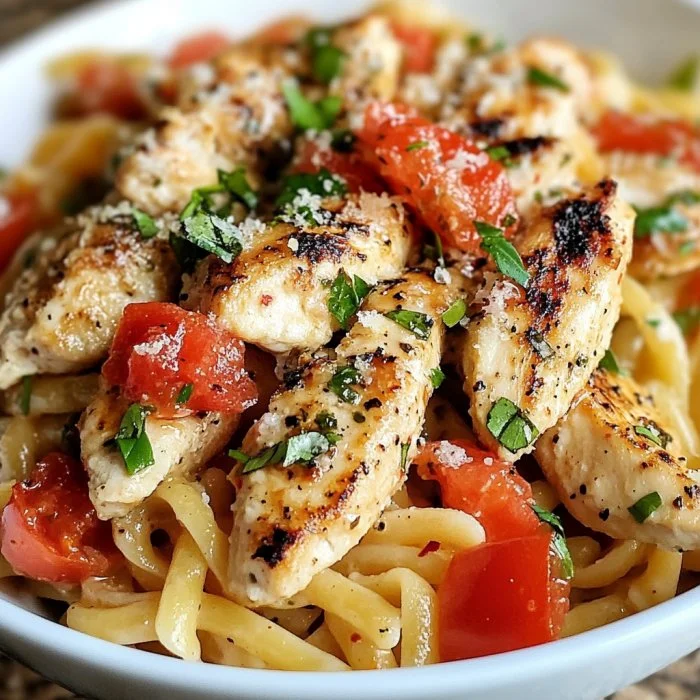 Delicious Bruschetta Chicken served with pasta and fresh ingredients