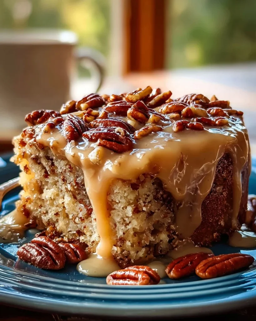 Delicious Butter Pecan Poke Cake with praline topping on a plate