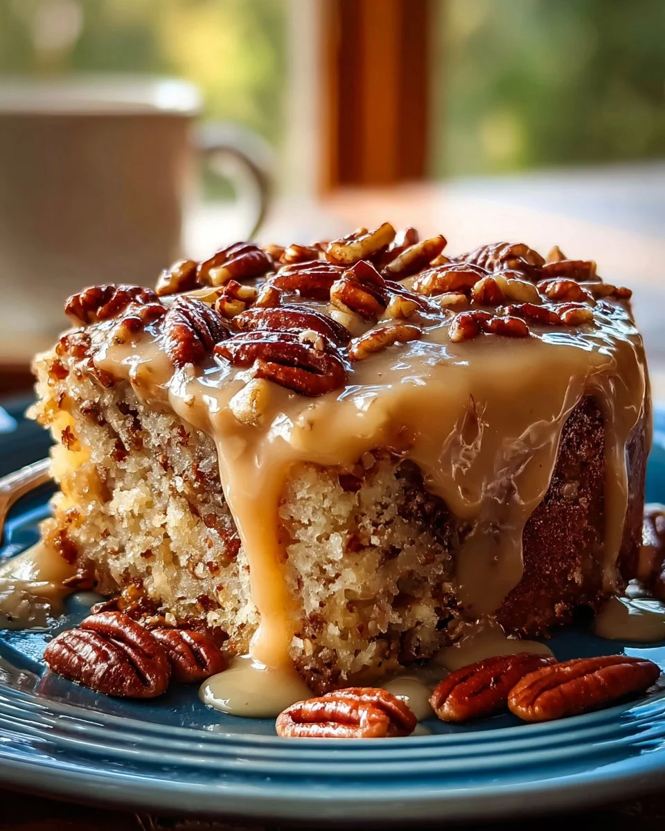 Delicious Butter Pecan Poke Cake with praline topping on a plate