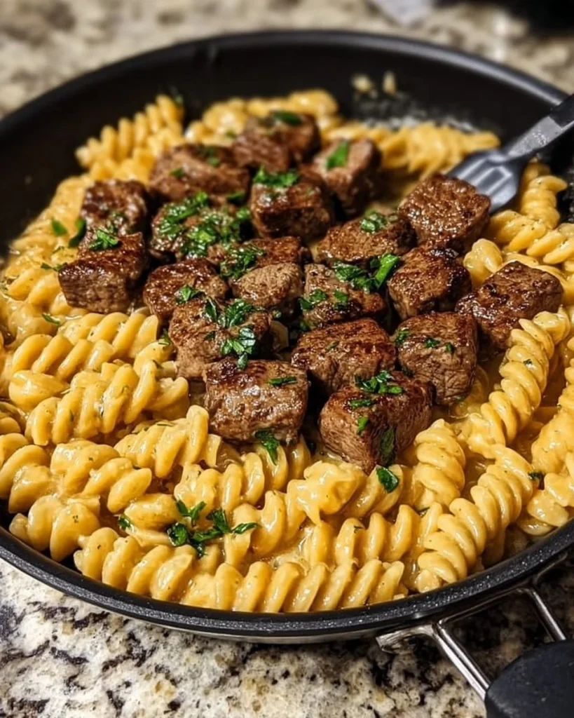 Buttery steak skillet served with creamy Alfredo spirals on a plate
