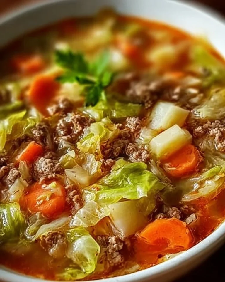 Delicious cabbage soup with ground beef in a bowl, perfect for comfort food.