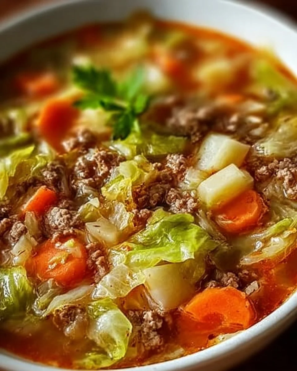 Delicious cabbage soup with ground beef in a bowl, perfect for comfort food.