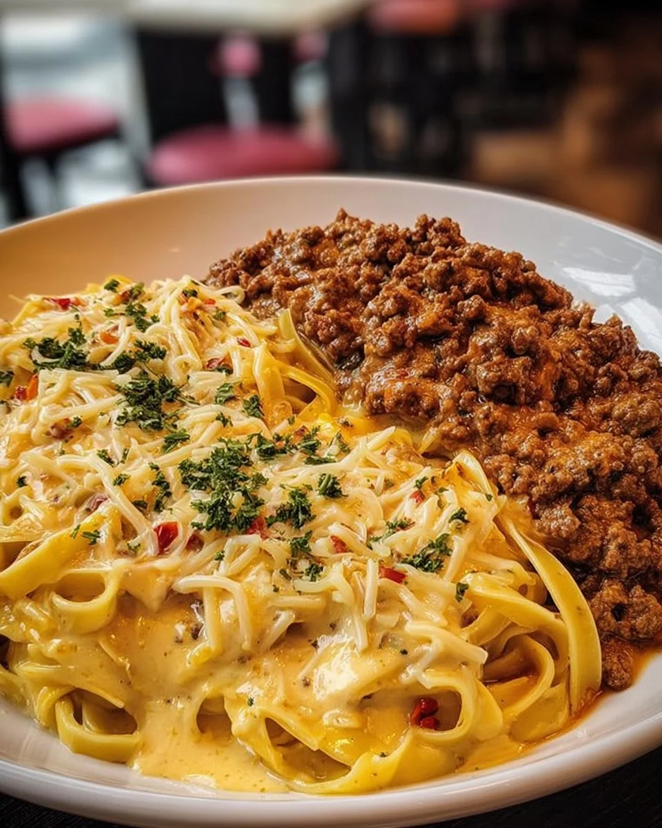 Cajun Beef Linguine with creamy Velveeta Parmesan garlic sauce in a bowl