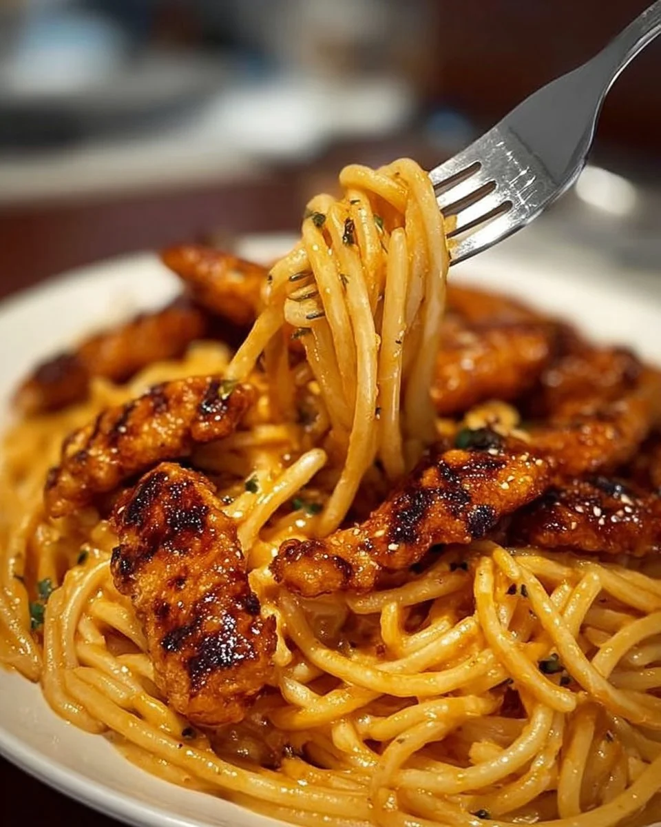 Cajun chicken served with creamy Parmesan linguine pasta in a gourmet presentation.
