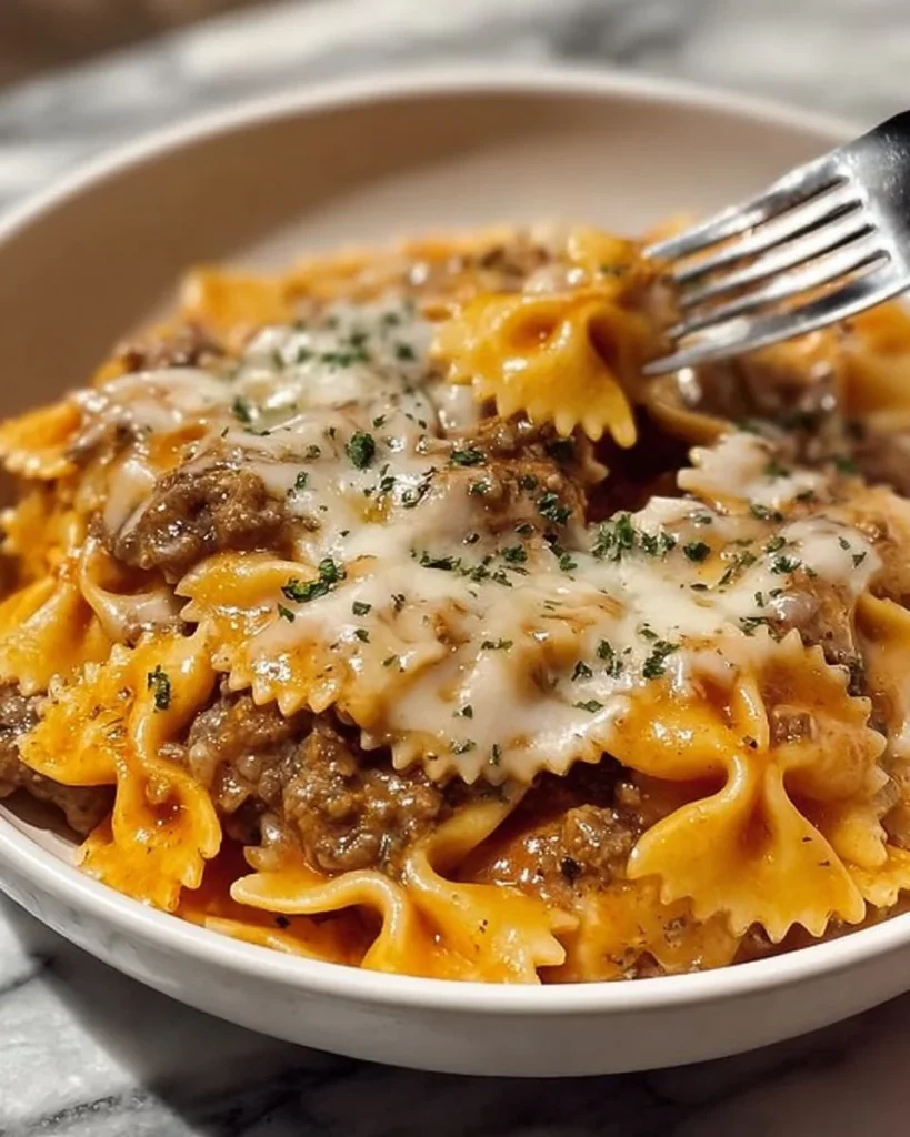 Cajun garlic butter beef served with cheesy bowtie pasta on a plate