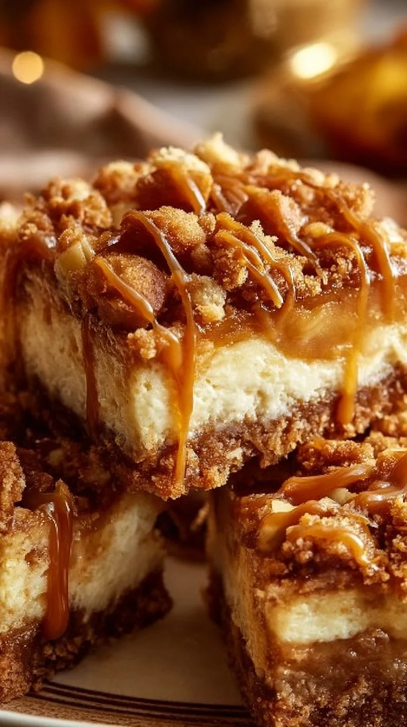 Delicious caramel apple cheesecake bars topped with caramel drizzle and apple slices.