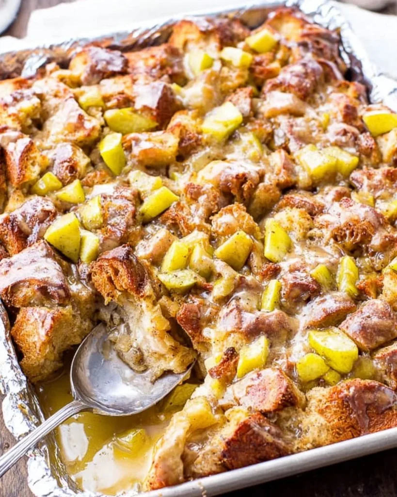 Delicious Caramel Apple Cinnamon Roll Casserole served in a baking dish