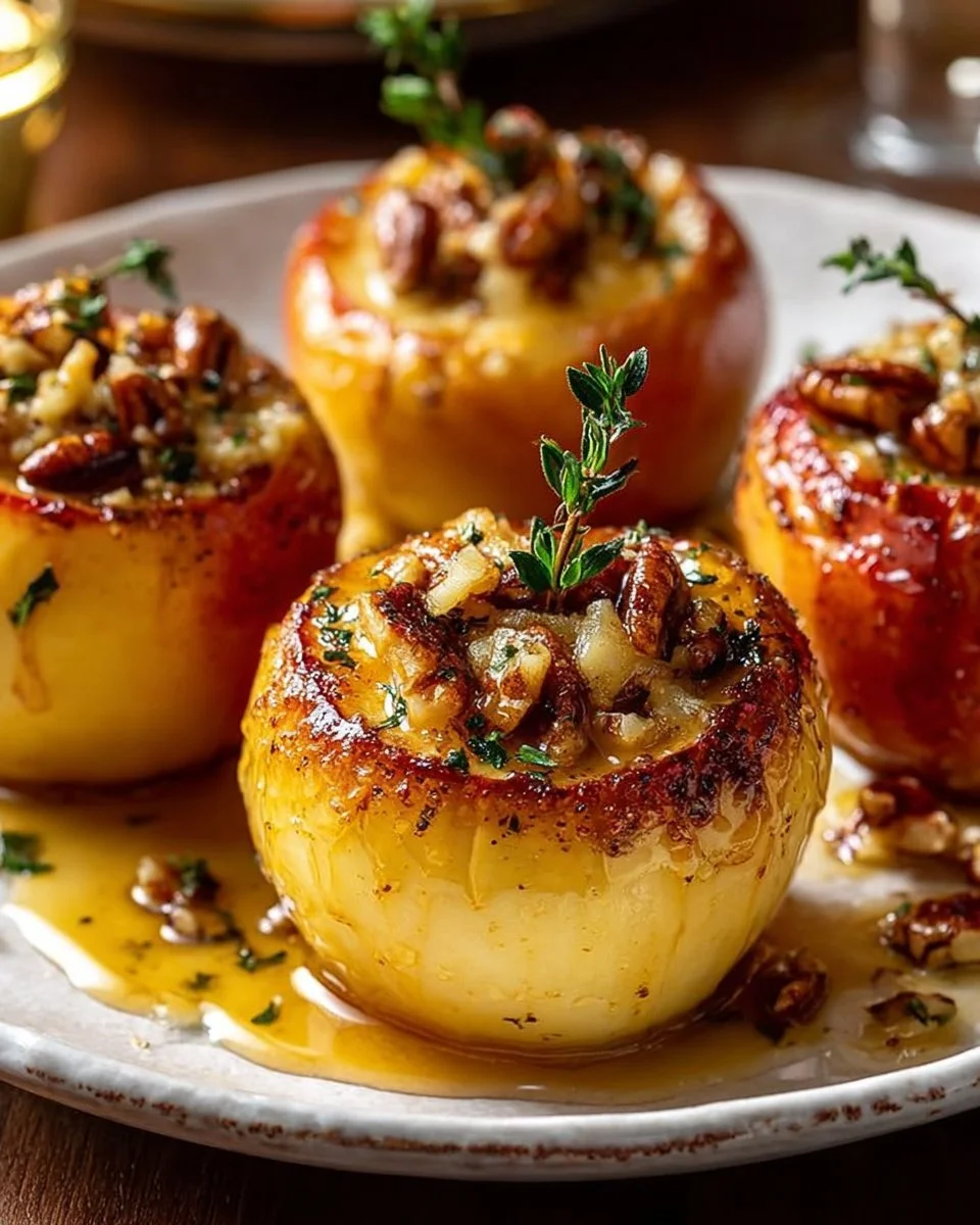 Caramelized baked apples with brie, pecans, and maple thyme glaze on a plate