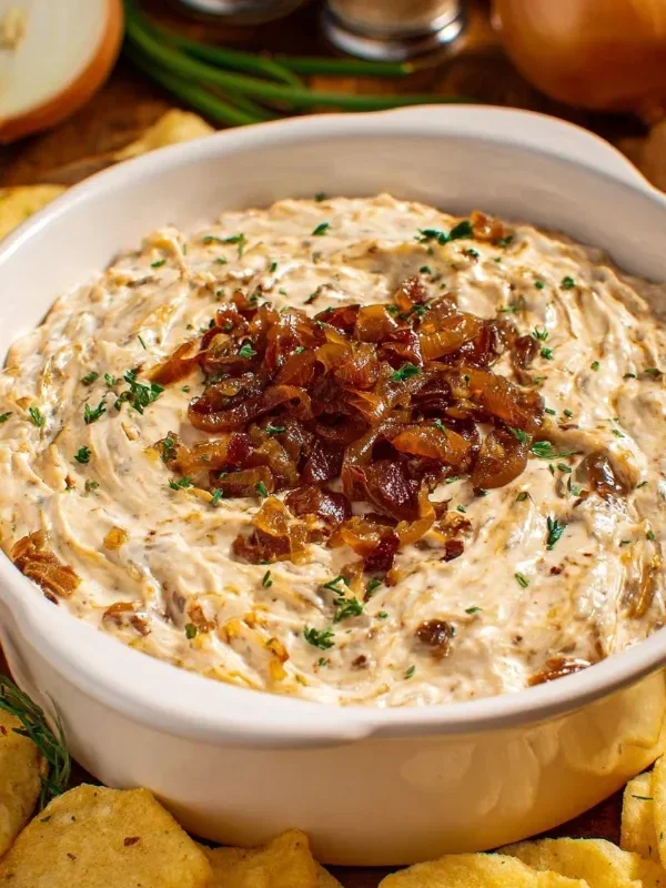 Creamy caramelized onion chip dip served with potato chips