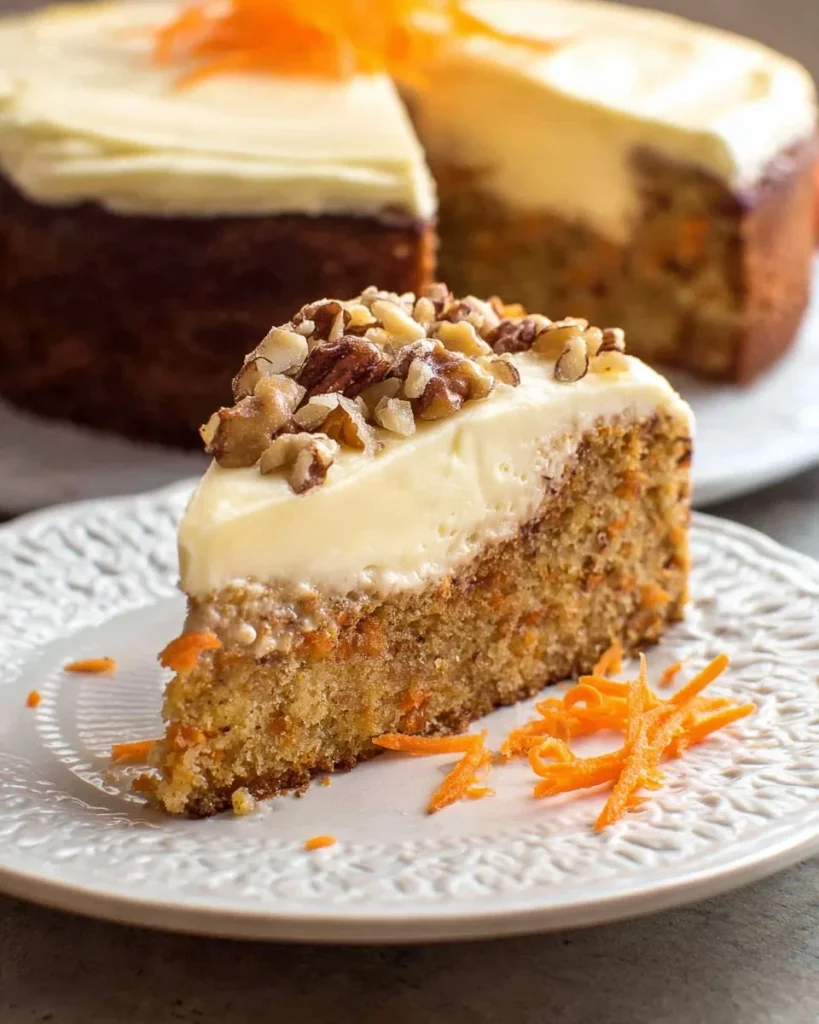 Slice of carrot cake cheesecake topped with cream cheese frosting and walnuts