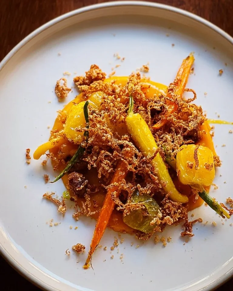 Carrots with granola and brown butter dish garnished with herbs