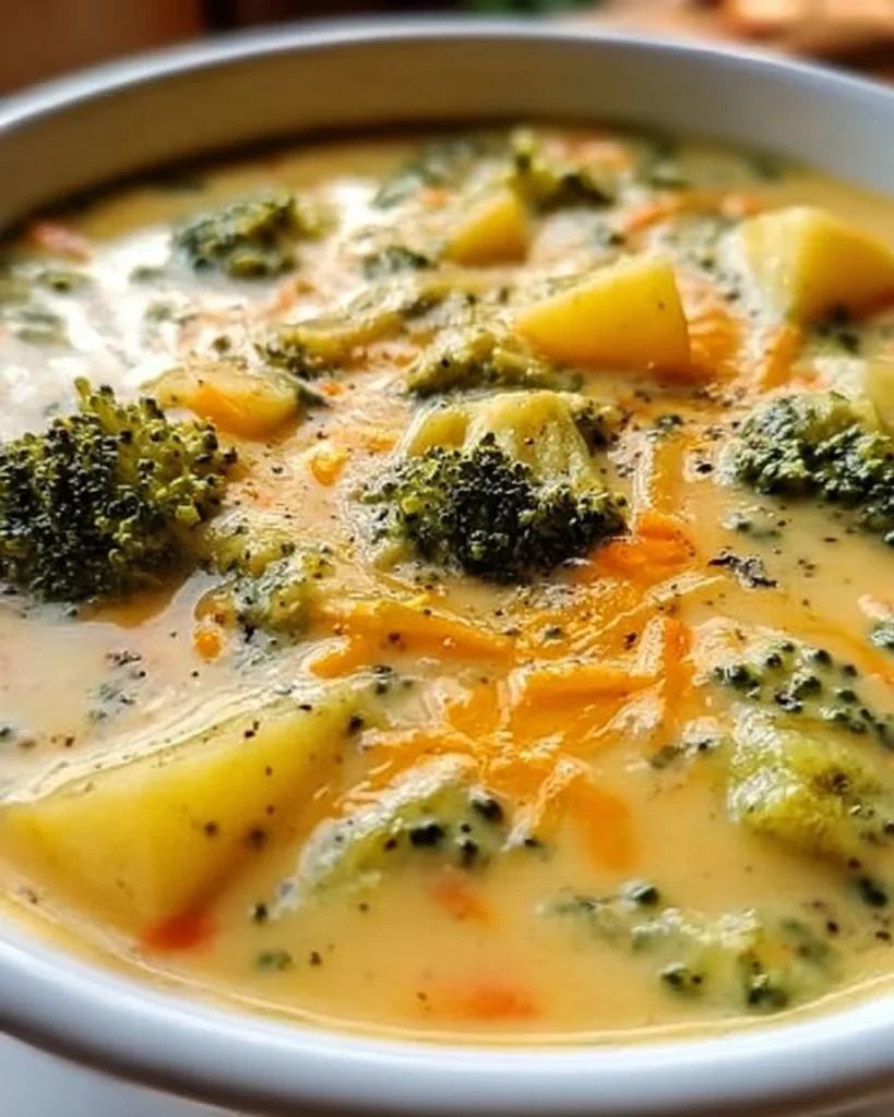 Delicious cheddar broccoli potato soup in a bowl garnished with cheese.