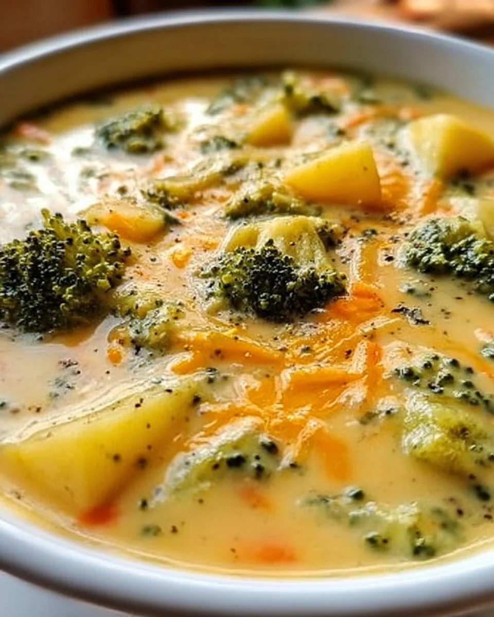 Delicious cheddar broccoli potato soup in a bowl garnished with cheese.