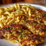 Cheddar Parmesan Garlic Butter Chicken with Creamy Penne Pasta